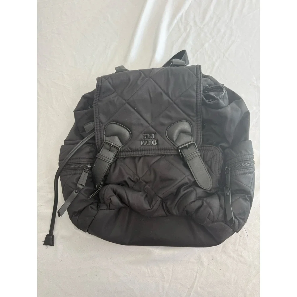 Steve Madden Womens Large Black Backpack Quilted Drawstring Buckle Pockets